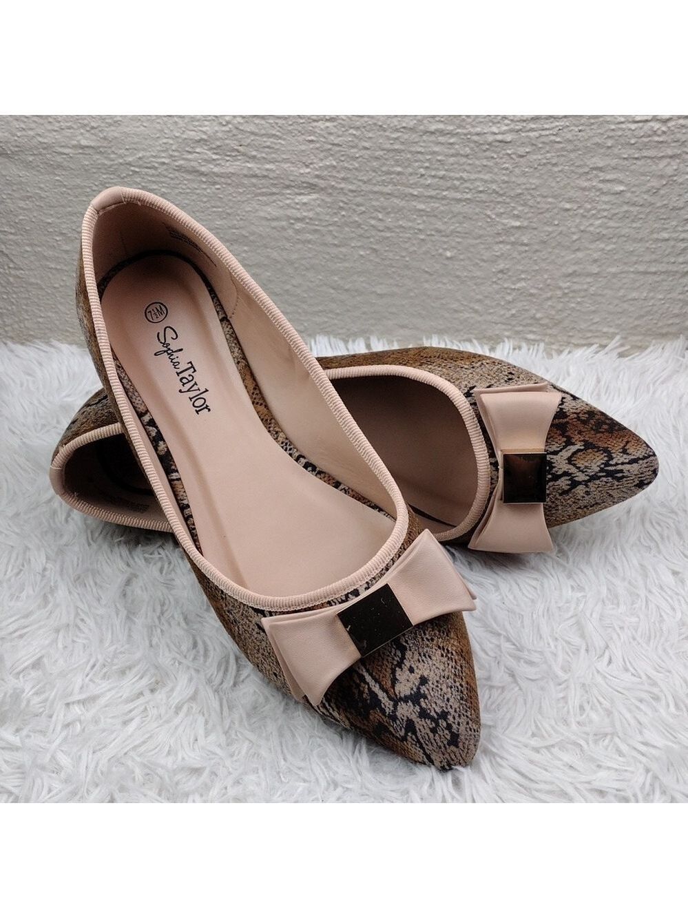 Sophia Taylor Greta Snakeskin Fabric Faux Bow Upper Pointed Toe Slip On Shoe
